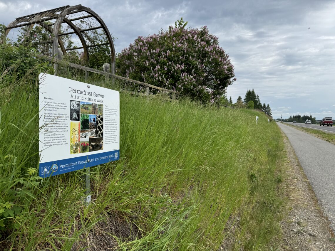 Panels of art and science line the grassy area next to a bike path